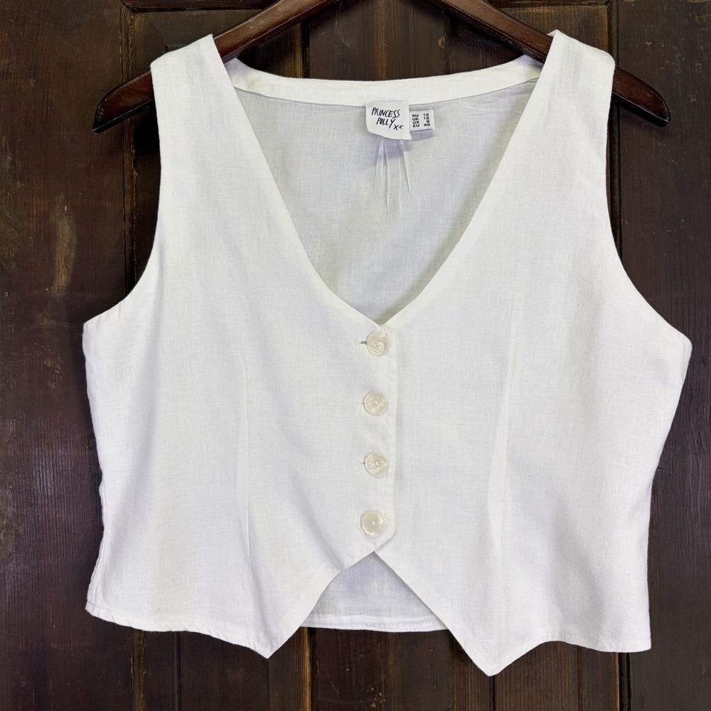 Princess Polly Women's Vest Size 8 Large White Organic Cotton Linen Blend Y2K